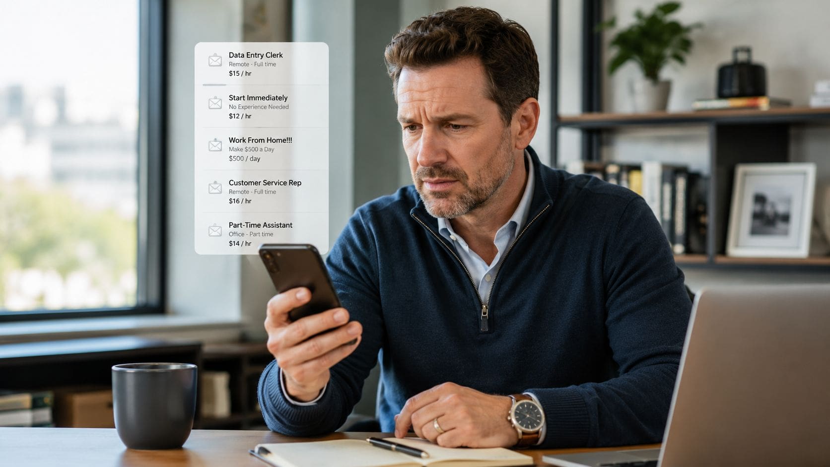 A middle-aged man looking concerned at his smartphone while viewing various job listings in an office setting.