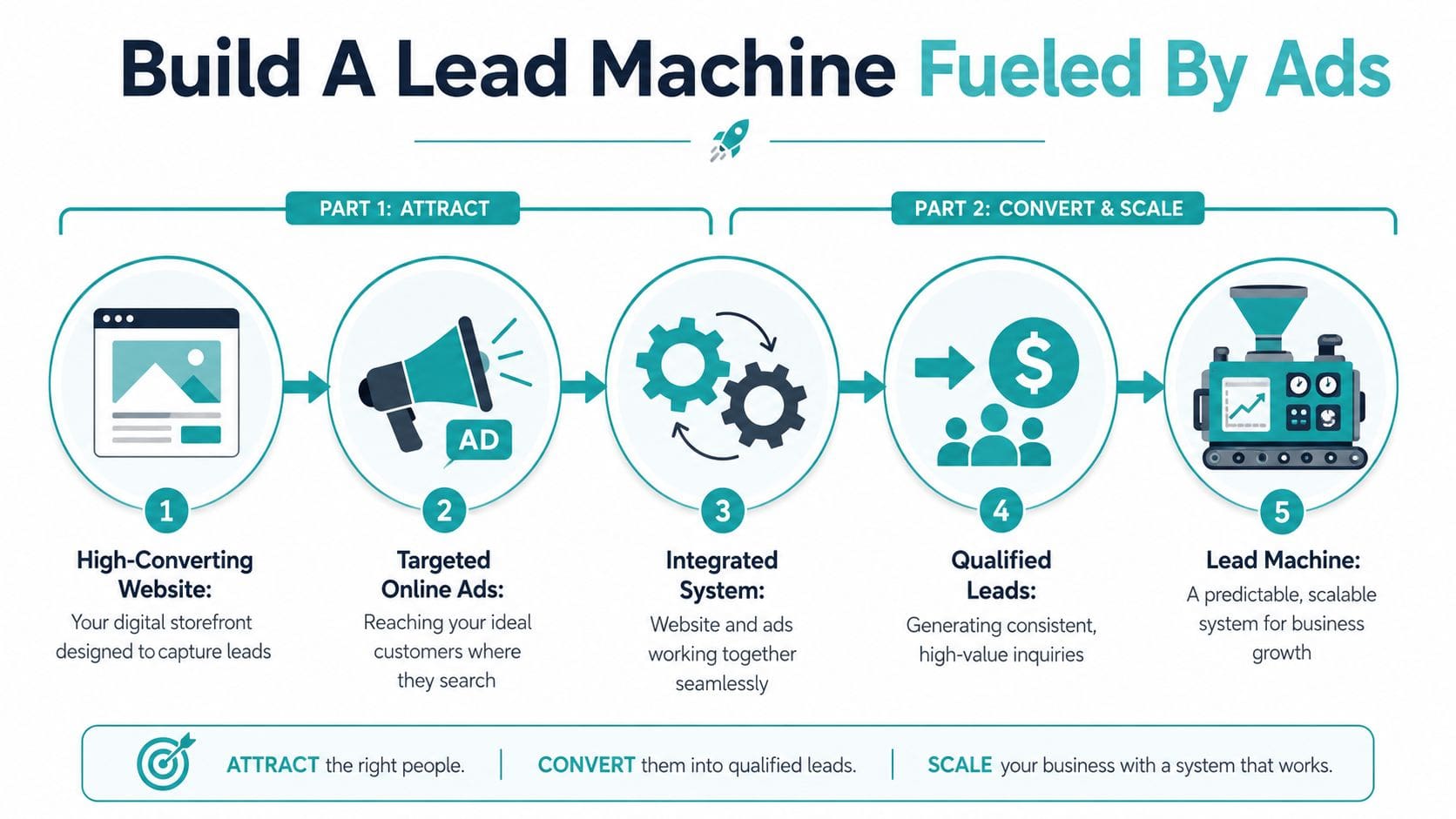 A diagram illustrating a five-step marketing process for building a lead generation machine using digital advertisements.