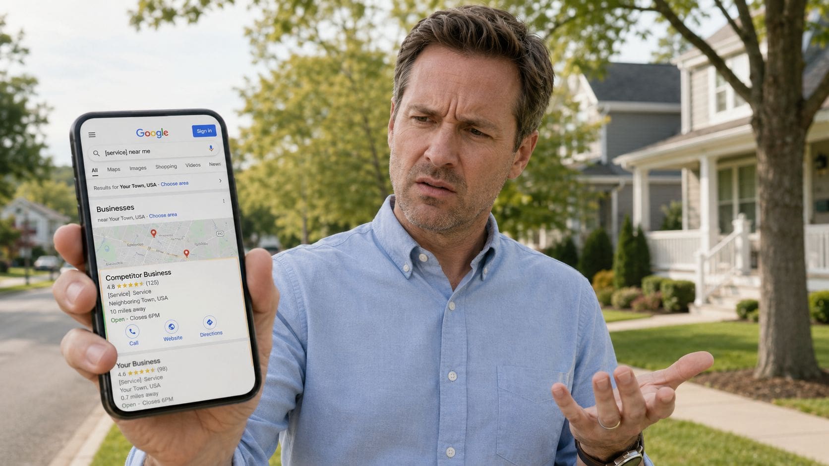 A man looking confused at a mobile phone showing local service search results for his business.