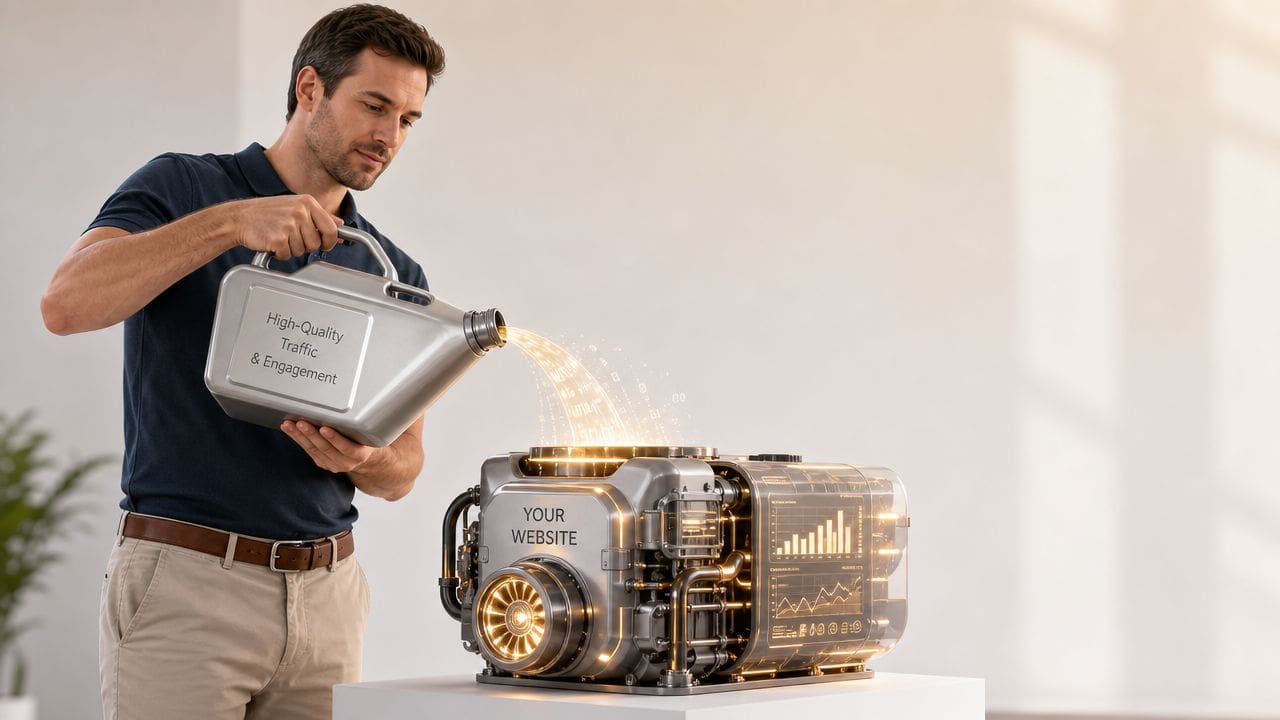 A man pouring digital data labeled high-quality traffic and engagement into a conceptual engine labeled your website.