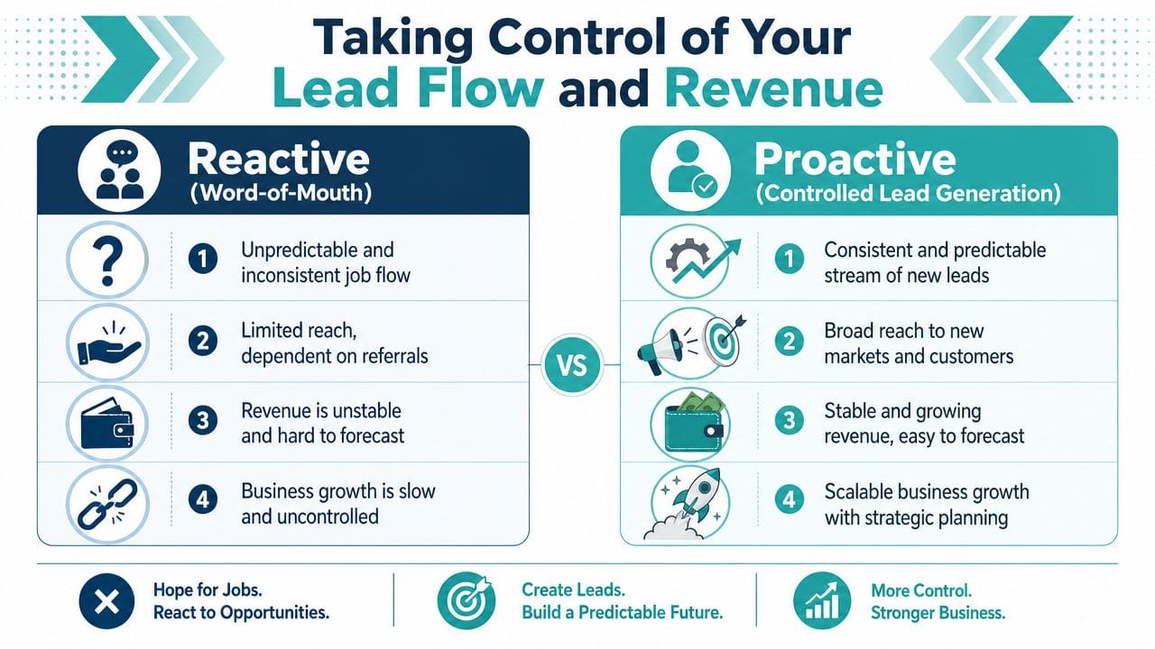 A comparison chart showing the differences between reactive word-of-mouth marketing and proactive controlled lead generation strategies.