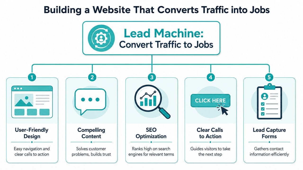 A diagram illustrating the five essential elements for creating a website that converts visitors into jobs.