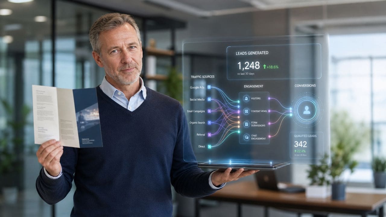 A professional man holding a brochure and presenting a digital holographic dashboard of marketing metrics.