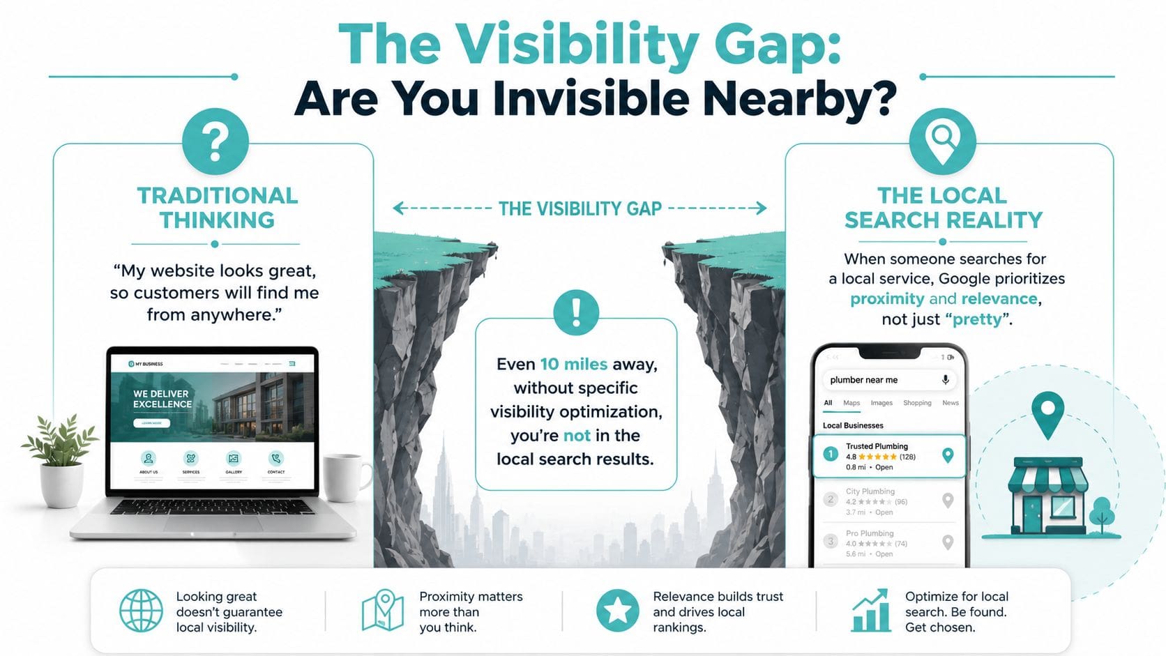 An infographic illustrating the visibility gap between a website and local search results for businesses.