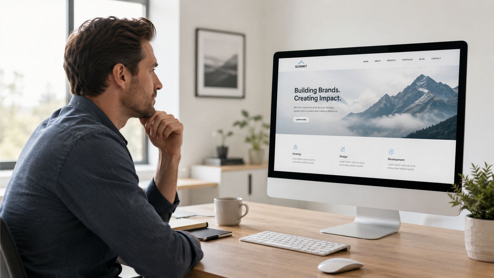 A professional man sitting at a wooden desk while reviewing a website design on a desktop computer.