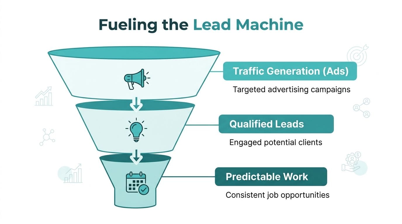 A visual marketing funnel diagram illustrating how to turn traffic into qualified leads and predictable work.