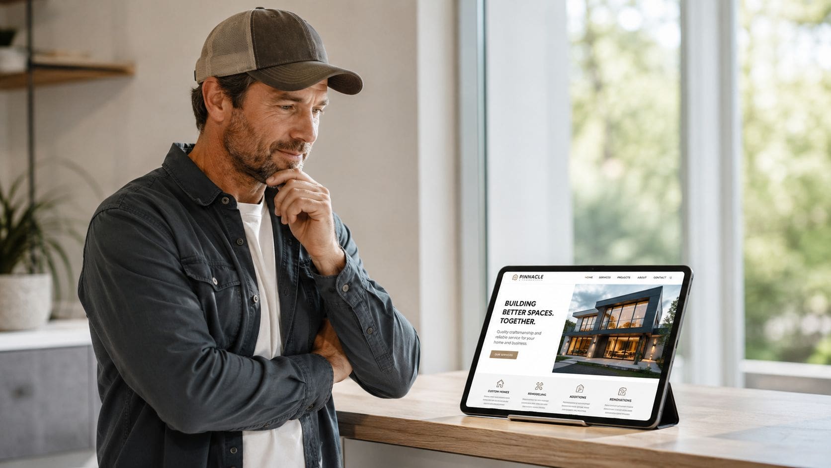 A man in a casual cap looking thoughtfully at a website for contractors on a tablet.