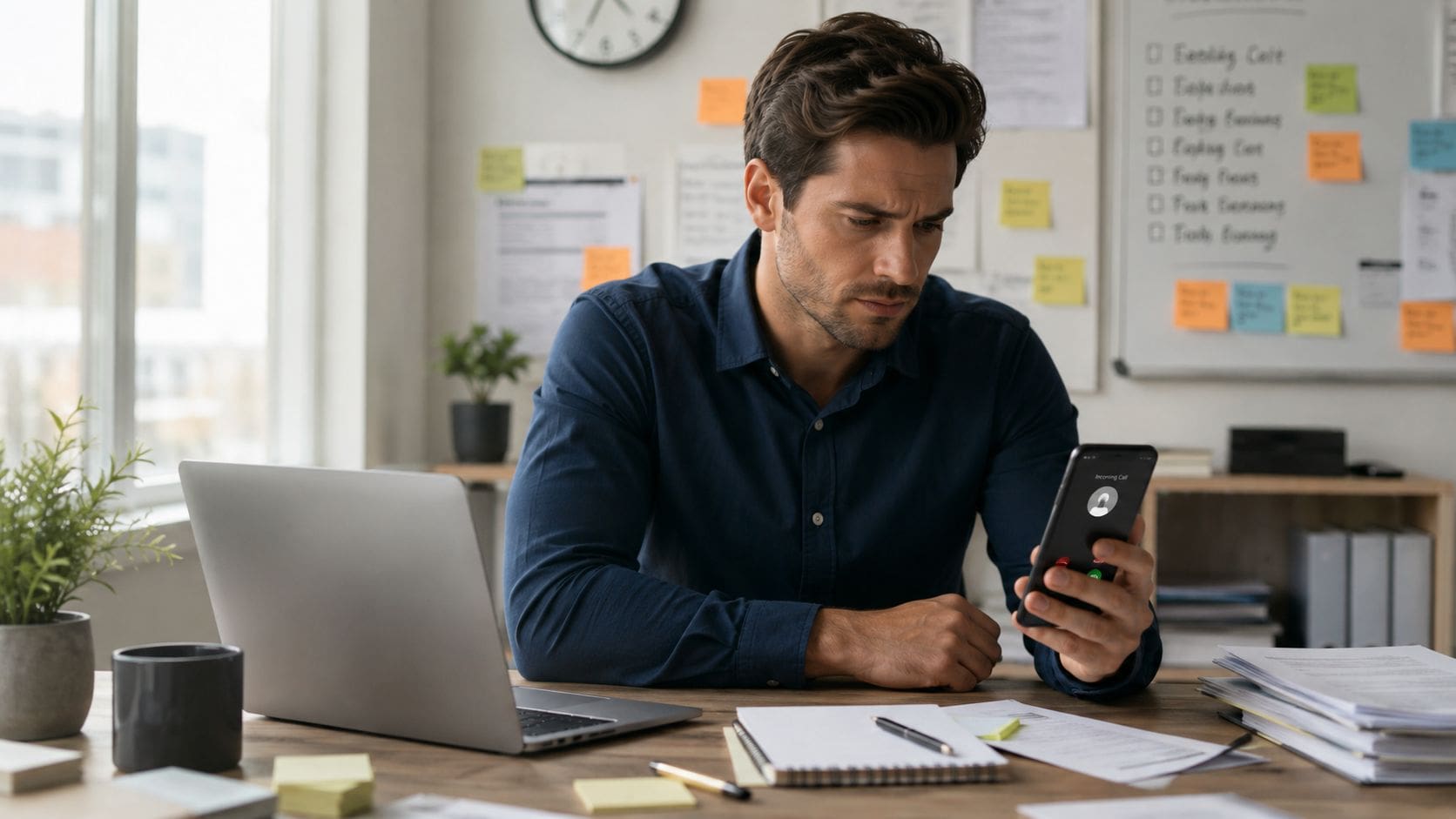 A professional man focused on his work while receiving an incoming call on his smartphone at his office desk.